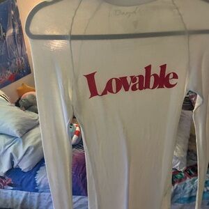 Dolls Kill White Long Sleeve Shirt with Red 'Lovable' Print